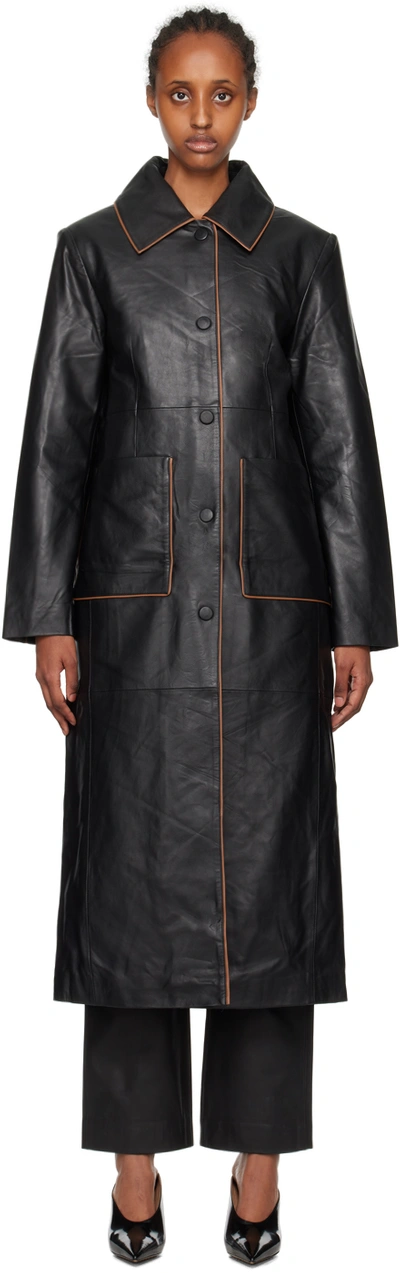 Shop Remain Birger Christensen Black Semi-fitted Leather Coat In 19-4004 Black