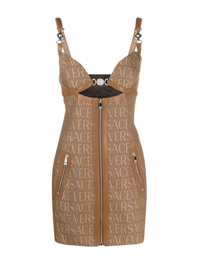 Versace Brown Allover Jacquard Mini Dress In Brown