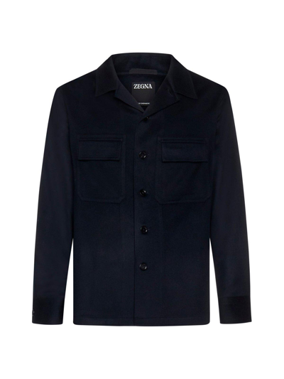 Shop Ermenegildo Zegna Long Sleeved Buttoned Shirt In Blue Scuro Unito