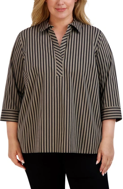 Shop Foxcroft Sophia Stripe Three-quarter Sleeve Stretch Button-up Shirt In Almond/ Black