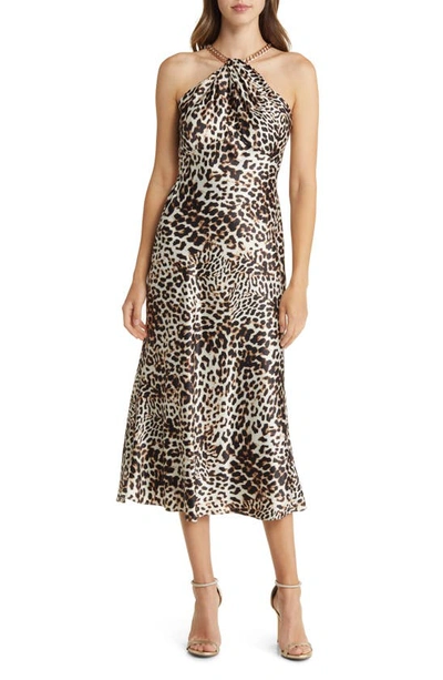 Shop Vince Camuto Leopard Print Chain Halter Neck Dress In Brown