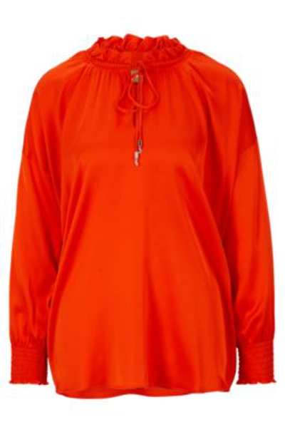 Shop Hugo Boss Relaxed-fit Blouse In Stretch Silk With Tie Front In Orange