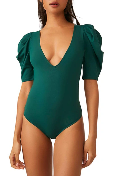 Free People Va Va Voop Puff Sleeve Bodysuit In Evergreen