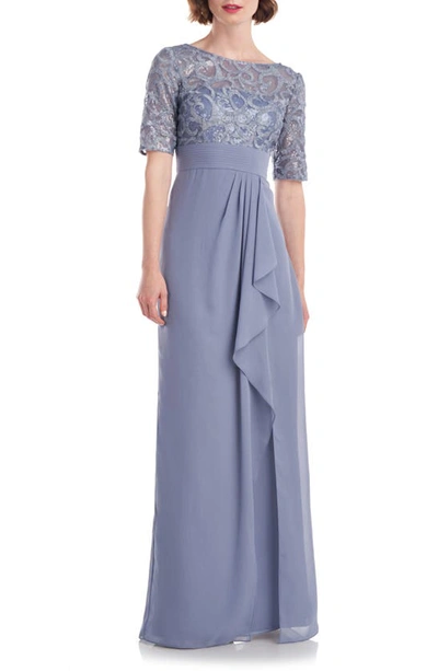 Shop Js Collections Meg Embellished Ruffle Gown In Shale