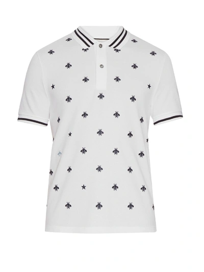 Gucci Bee And Star-Embroidered Cotton Polo Shirt In White | Modesens