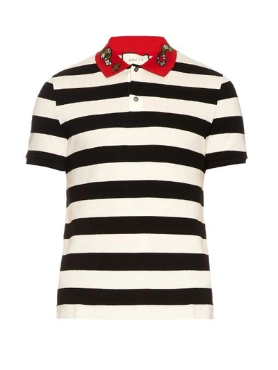 Gucci Snake-appliqué Striped Cotton Polo Shirt In Black Multi | ModeSens