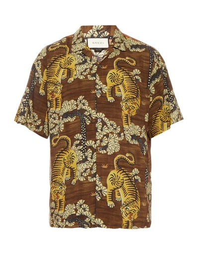 Gucci Tiger Print Short-sleeved Shirt In Tonal-brown