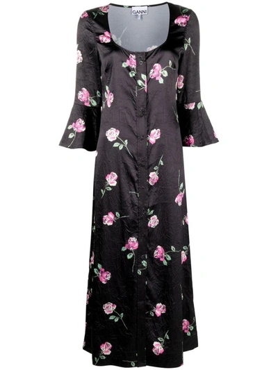 Shop Ganni Floral-print Crinkled Midi Dress In Black