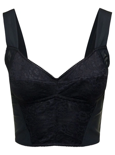 Shop Dolce & Gabbana Black Bustier Top With Sweetheart Neckline In Jacquard And Lace Woman