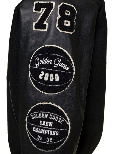Shop Golden Goose Black Bomber Jacket With Leather Inserts And Logo Patch In Wool Man