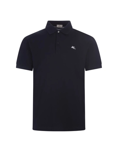 Shop Etro Black Pique Polo Shirt With Embroidered Logo In Blue
