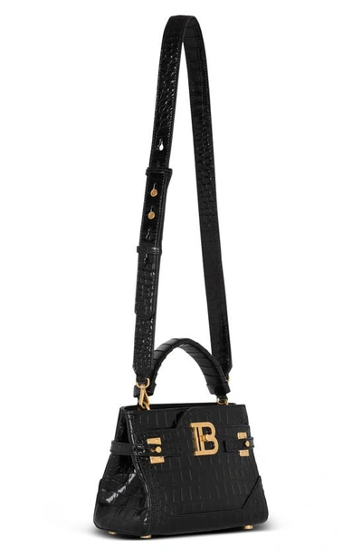 Shop Balmain B-buzz 23 Croc Embossed Leather Top Handle Bag In 0pa Black