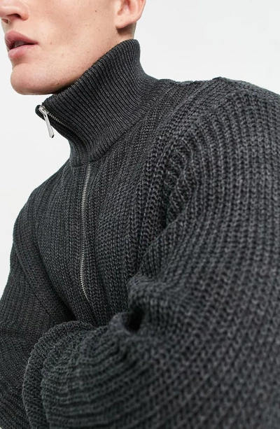 Shop Asos Design Oversize Zip Fisherman Sweater In Charcoal