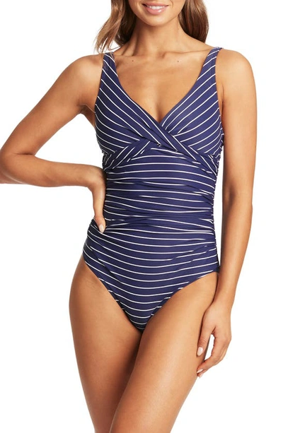 Shop Sea Level Stripe Cross Front Multifit One-piece Swimsuit In Navy