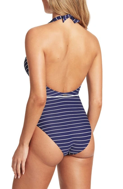 Shop Sea Level Vee Stripe Halter Neck One-piece Swimsuit In Navy
