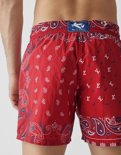Shop Etro Paisley Print Logo Swim Shorts In Red