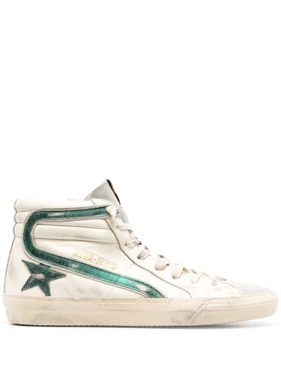 Shop Golden Goose Slide Distressed High-top Sneakers In Beige Ecru/ice/emerald Green