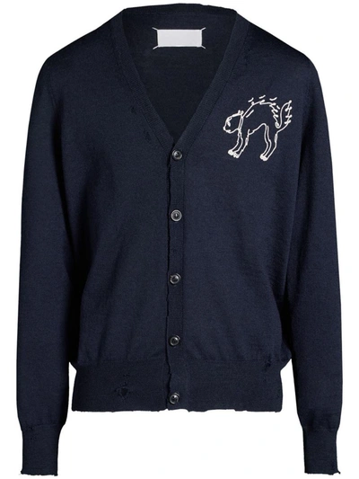 Shop Maison Margiela Wool Cardigan With Embroidered Cat In Blue