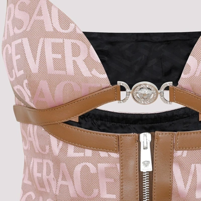 Shop Versace Canvas Logo Mini Dress In Nude &amp; Neutrals