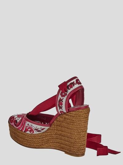 Shop Dolce & Gabbana Printed Brocade Fabric Wedge Sandals In Azulejosfucsia