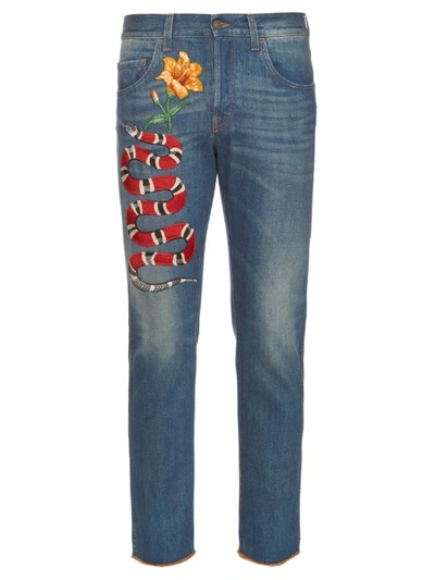 Modtager maskine national flag skrivestil Gucci Snake Embroidered Slim-fit Jeans In Stonewashed-blue | ModeSens