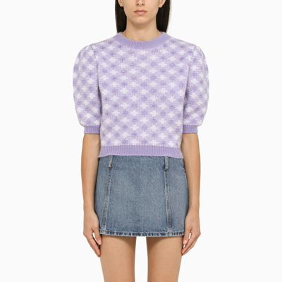 Alessandra Rich Check-pattern Rhinestone-embellished Knitted Top In Purple