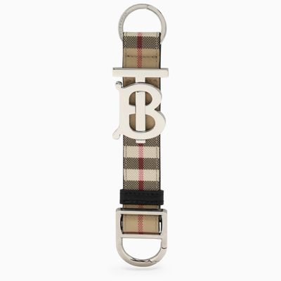 Shop Burberry Check Print Leather Keyring In Beige