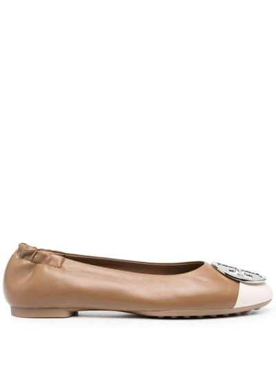 Shop Tory Burch Claire Leather Ballerina Shoes - Women's - Ovine Leather (top Grain)/calf Leather/rubber In Brown