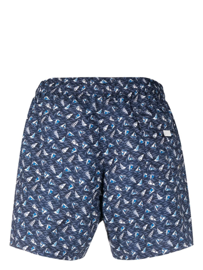 Shop Canali Sailing-boat Print Swim Shorts In Blue