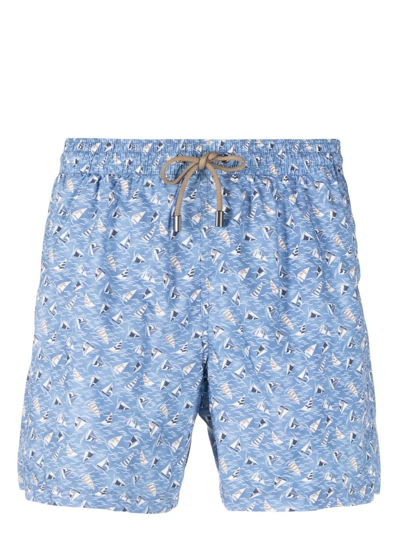 Shop Canali Graphic-print Drawstring Swim Shorts In Blue