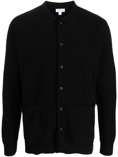 Shop Sunspel Fine-knit Long-sleeve Cardigan In Black