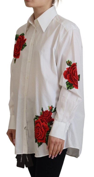 Shop Dolce & Gabbana White Cotton Flower Embroidery Shirt Women's Top