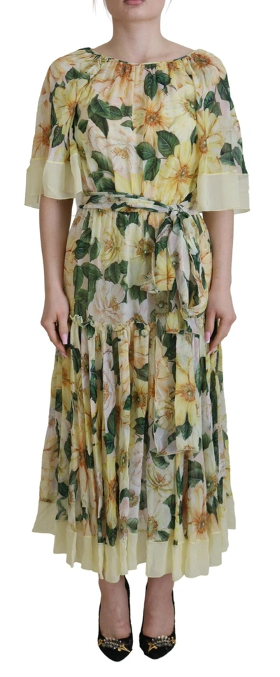 Shop Dolce & Gabbana Yellow Floral Print Pleated Maxi Silk Women's Dress