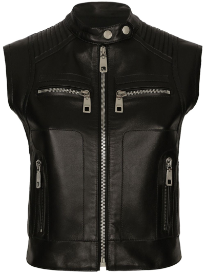 Shop Dolce & Gabbana Logo-plaque Leather Waistcoat In Black