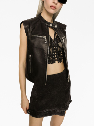 Dolce & Gabbana Logo-plaque Leather Waistcoat In Black