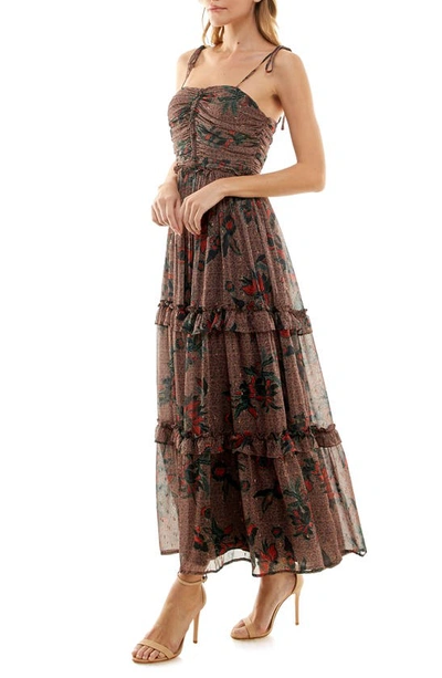 Shop Socialite Shirred Metallic Maxi Dress In Brown-red Floral