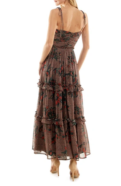 Shop Socialite Shirred Metallic Maxi Dress In Brown-red Floral
