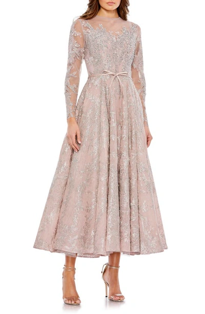 Shop Mac Duggal Beaded Floral Long Sleeve Illusion Lace Gown In Rose