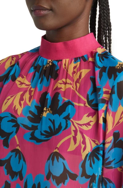 Shop French Connection Eloise Floral Print Crinkled Blouse In Fuschia Blue Jewel