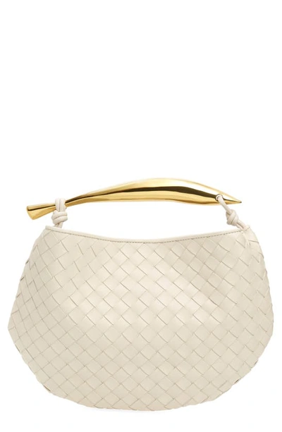 Shop Bottega Veneta Sardine Intrecciato Leather Top Handle Bag In 9104 Chalk-m Brass