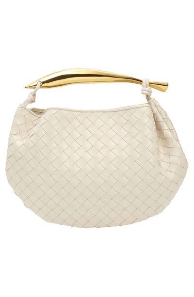 Shop Bottega Veneta Sardine Intrecciato Leather Top Handle Bag In 9104 Chalk-m Brass