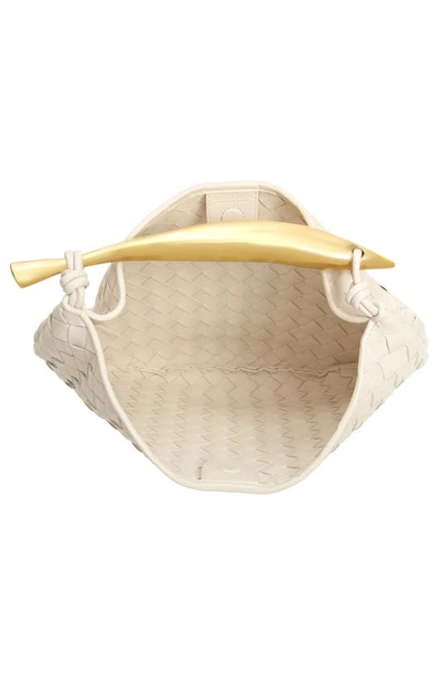 Shop Bottega Veneta Sardine Intrecciato Leather Top Handle Bag In 9104 Chalk-m Brass