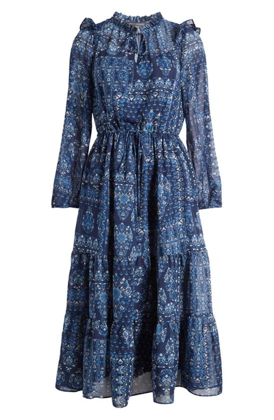 Shop Julia Jordan Tiered Long Sleeve Drawstring Waist Dress In Blue Multi