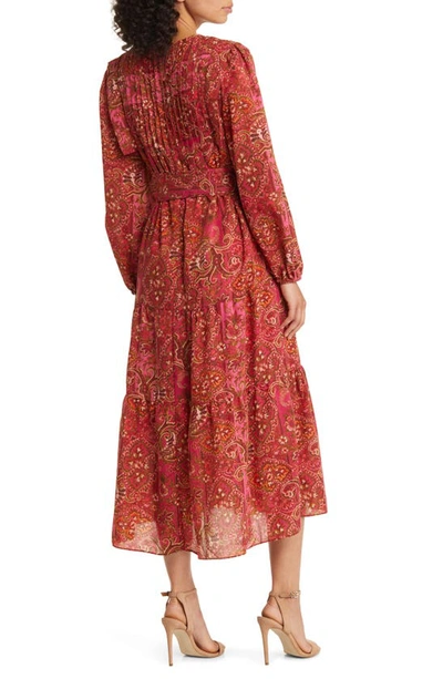 Shop Julia Jordan Paisley Long Sleeve Belted Midi Dress In Red Multi