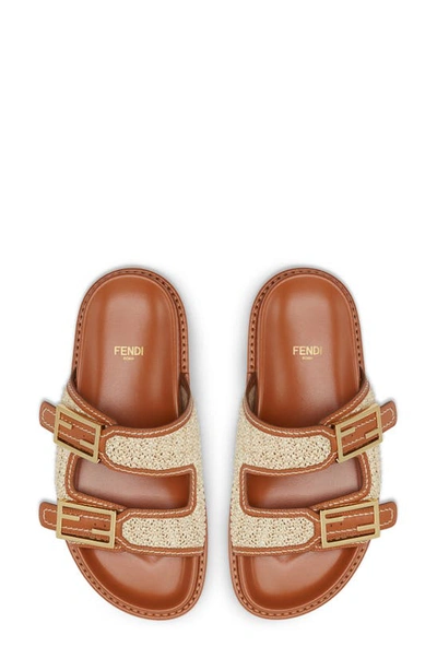 Shop Fendi Feel Raffia Slide Sandal In Brown/ Beige