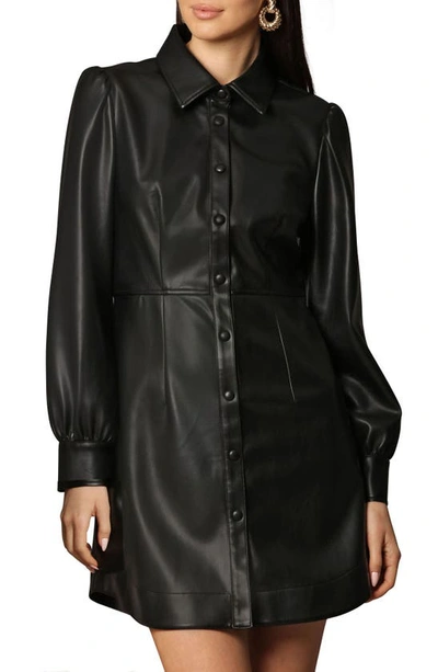 Shop Avec Les Filles Faux-ever Leather™ Puff Shoulder Long Sleeve Mini Shirtdress In Black