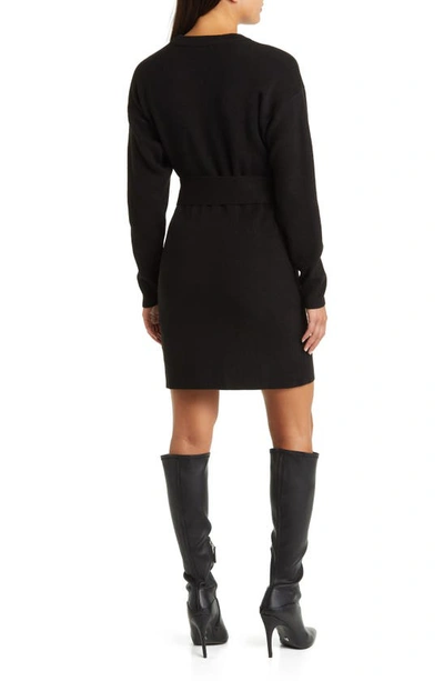 Shop Charles Henry Long Sleeve Belted Mini Sweater Dress In Black