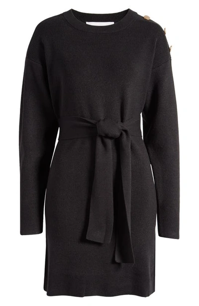 Shop Charles Henry Long Sleeve Belted Mini Sweater Dress In Black