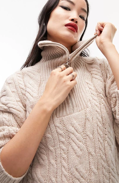 Shop Topshop Oversize Cable Knit Half Zip Sweater In Oat