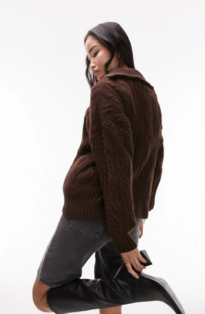 Shop Topshop Oversize Cable Knit Half Zip Sweater In Chocolate